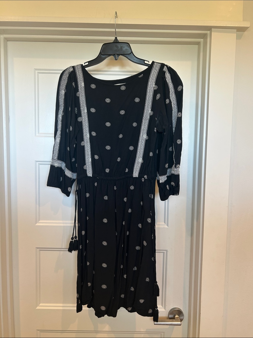 LOFT Black Midi Dress with White Embroidery